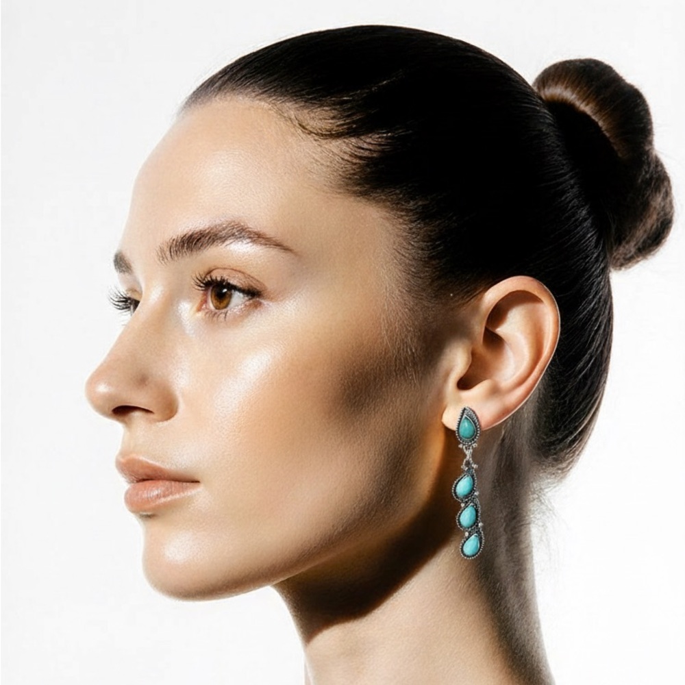 Elegant Faux Turquoise 4 Stone Drop Dangle Earrings Women’s Jewelry- Western New